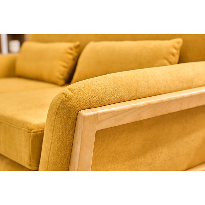 Canapé scandinave 2 places en tissu effet velours jaune moutarde et bois clair YOKO