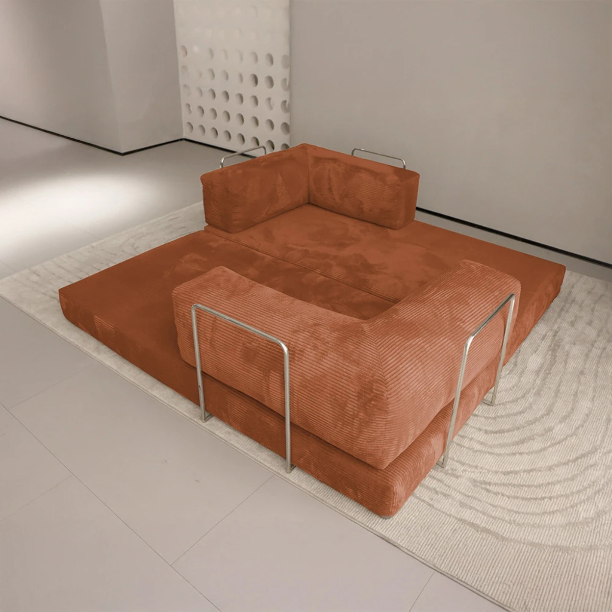 TRENDY - Canapé compressé 5 places angle modulable en velours côtelé terra