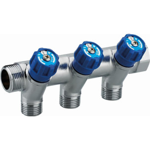 Collecteur à robinetterie intégrée manette bleue mâle femelle MF3/4' (20x27), 3 départs mâle M1/2' (15x21) Disque d'identification du point d'eau Entraxe 50 mm NOYON & THIEBAULT - 803519
