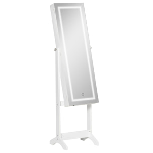 Espejo Joyero de Pie Armario de Joyería con Tira de Luces LED y Cerradura Magnética Organizador de Joyas con Estantes Ranuras para Anillos 46x36,5x151,5 cm Blanco