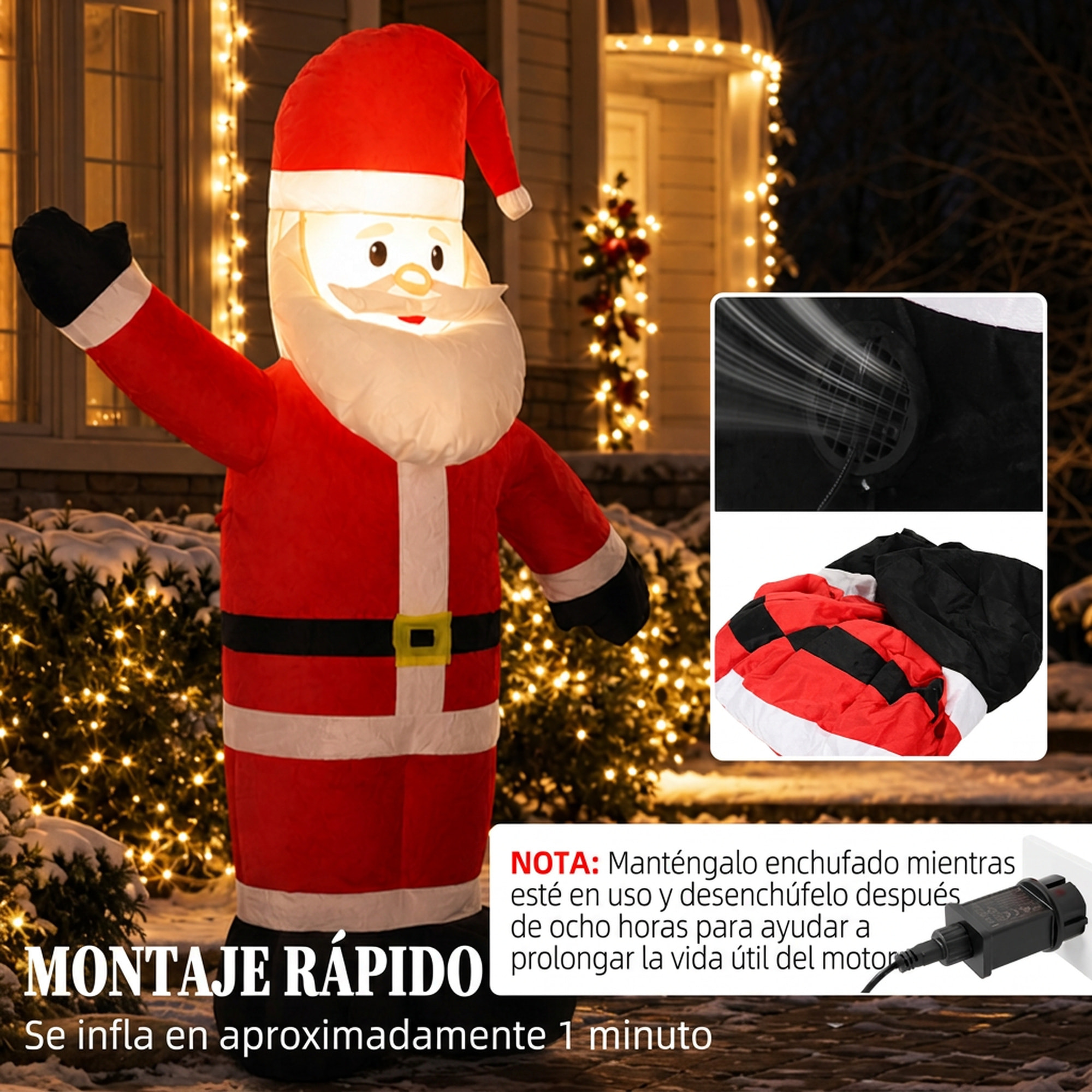 Outsunny Papá Noel Hinchable de Navidad 150 cm, Papá Noel Inflable con Luz LED, Acabado Aterciopelado, Bolsa de Almacenamiento, Decoración Navideña para Exteriores Interiores, Rojo