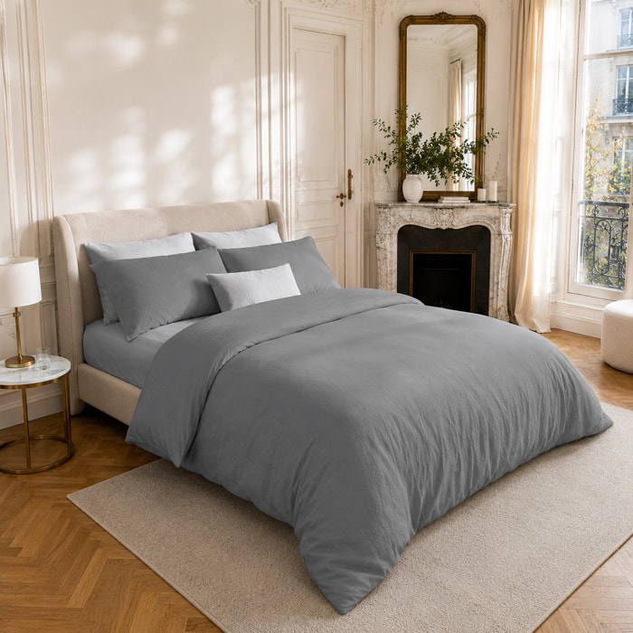 Parure housse de couette 100% coton lavé gris - Drift