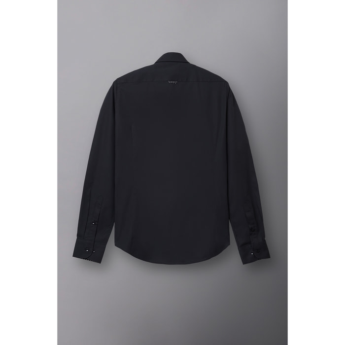 camicia uomo 1 bottone button down slim Popeline Stretch Unito Nero