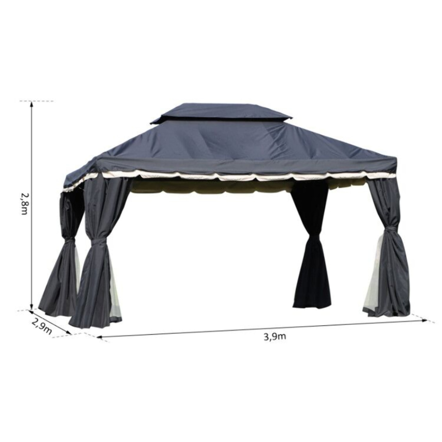 Tonnelle barnum pavillon de jardin style colonial double toit toile moustiquaires et toiles amovibles 3,9L x 2,9l x 2,8H m noir