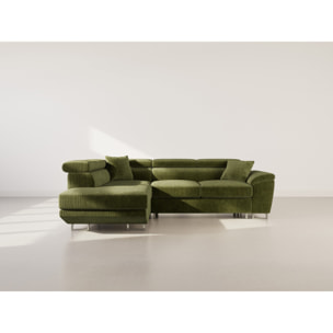 Baoji - Canapé d'angle gauche 5 places convertible avec têtières et coffre en velours côtelé - Vert