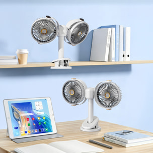 Ventilador modular F16. Con 2 ventiladores independientes, 5 velocidades por unidad y giro 360° vertical y horizontal. 3 niveles de iluminación y diseño versátil de sobremesa, pared, techo o uso portá