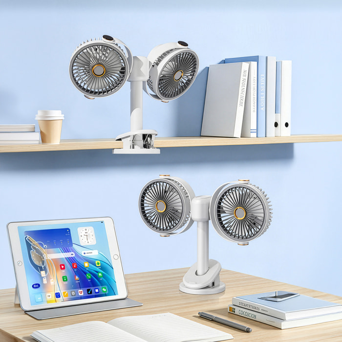 Ventilador modular F16. Con 2 ventiladores independientes, 5 velocidades por unidad y giro 360° vertical y horizontal. 3 niveles de iluminación y diseño versátil de sobremesa, pared, techo o uso portá