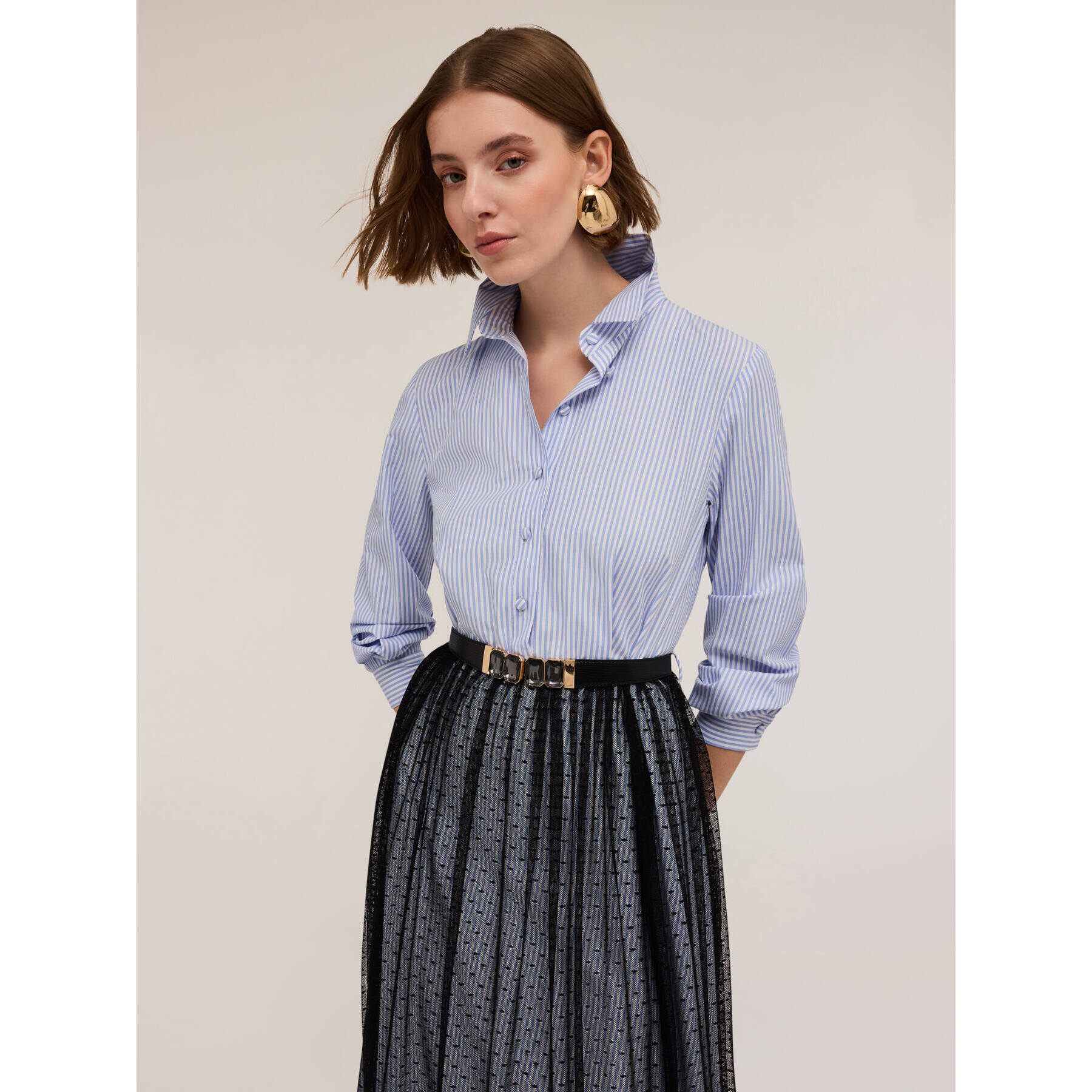Motivi - Vestido camisero con falda de tul plumeti - Light - blue