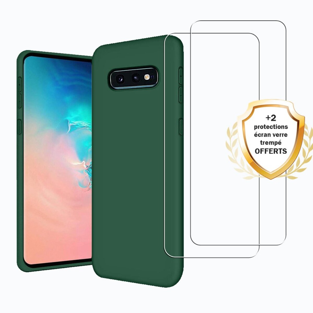 Coque Samsung Galaxy S10e Silicone liquide Vert Foret + 2 Vitres en Verre trempé Protection écran Antichocs