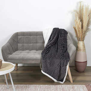 Plaid - HOME DECO FACTORY - Flanelle - Côtelé - Sherpa - Gris - 180 x 220 cm