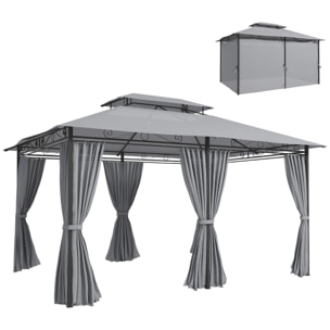 Cenador para Jardín 3x4 m, Pabellón de Jardín, Gazebo con Doble Techo, 6 Paredes Laterales, Estructura Metálica, Drenaje, Carpa para Exterior, Terraza, Patio, Gris Oscuro
