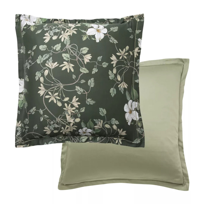 Taie d'oreiller satin de coton imprimé vert Gardenias mousse