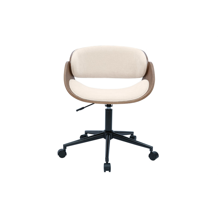 Chaise de bureau à roulettes design en bois foncé et tissu effet velours texturé beige BENT