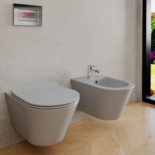 Coppia Sanitari Sospesi Vaso WC Rimless Con Tornado Flush E Bidet Sospeso Moderno Tondo In Ceramica Con Copriwater Chiusura Soft Close Grigio Opaco