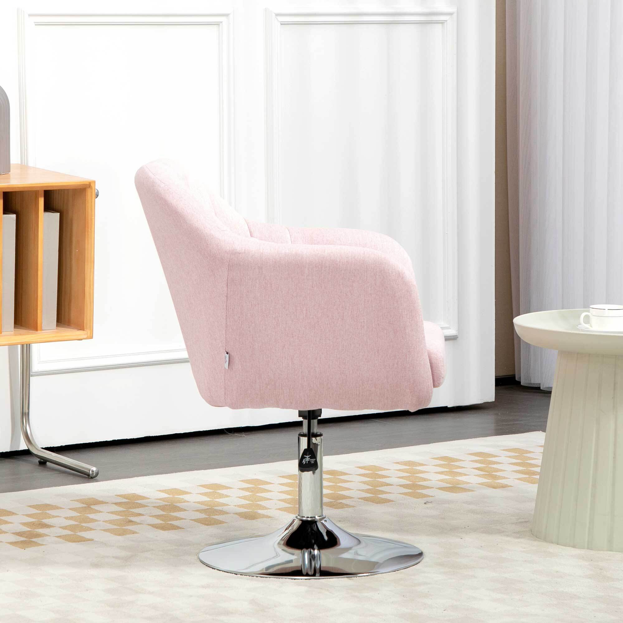 Fauteuil lounge design grand confort coussins lombaires hauteur réglable pivotant 360° piètement métal chromé lin rose