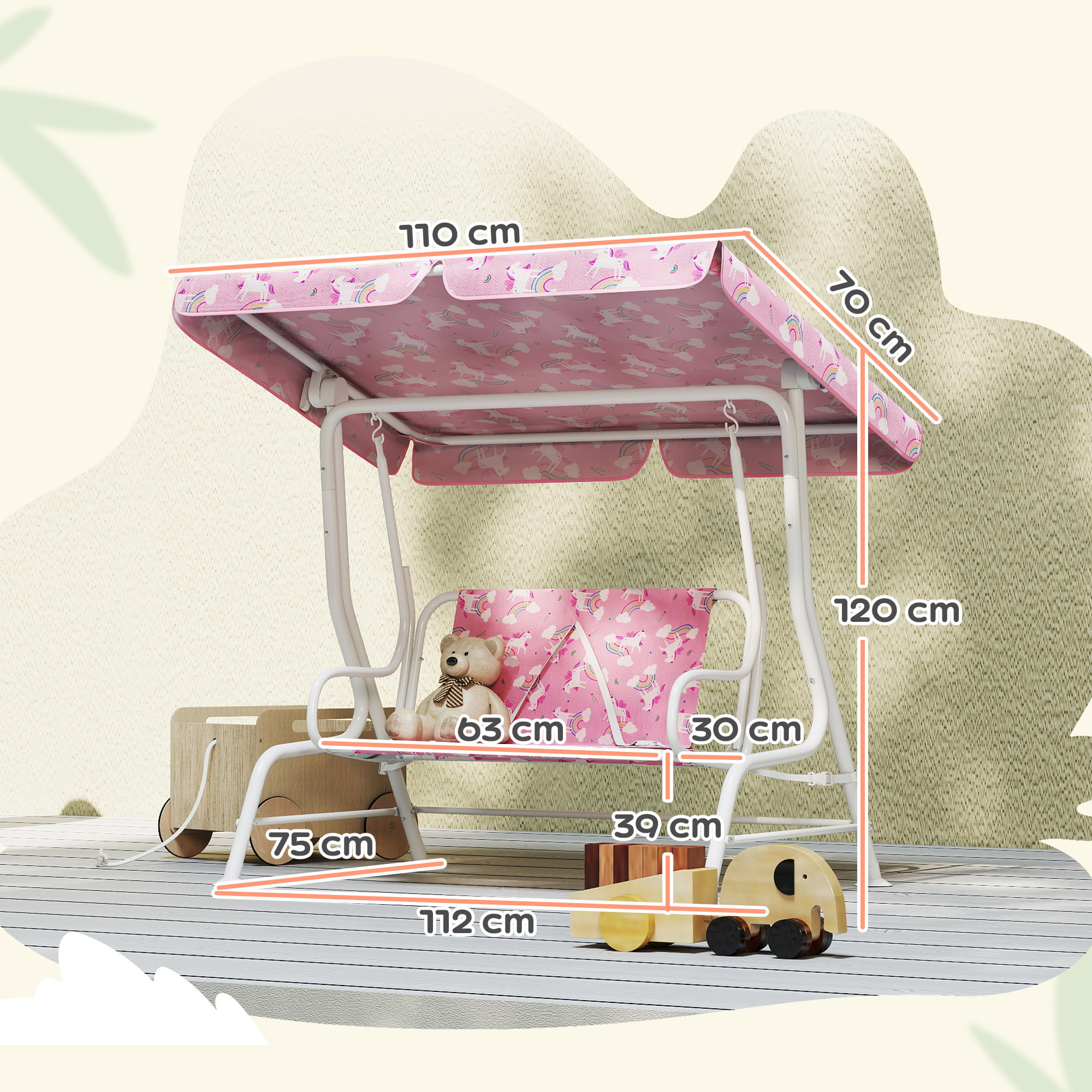 Columpio de Jardín Exterior para Niños de 2 Plazas, Balancín de Jardín, Toldo Ajustable, con Cinturones de Seguridad, Diseño de Unicornio y Arcoíris, para Interior, Patio, 112x75x120 cm, Rosa