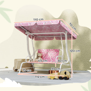 Columpio de Jardín Exterior para Niños de 2 Plazas, Balancín de Jardín, Toldo Ajustable, con Cinturones de Seguridad, Diseño de Unicornio y Arcoíris, para Interior, Patio, 112x75x120 cm, Rosa