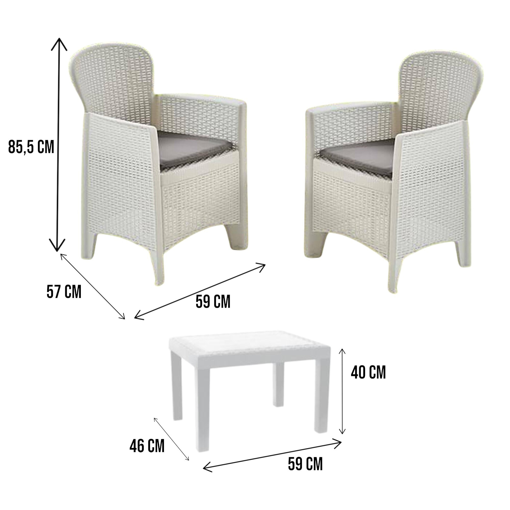 Set salotto da esterno Aneta, Composizione da giardino con 2 poltrone ed 1 tavolino, Salottino effetto rattan con cuscini, 100% Made in Italy, Bianco