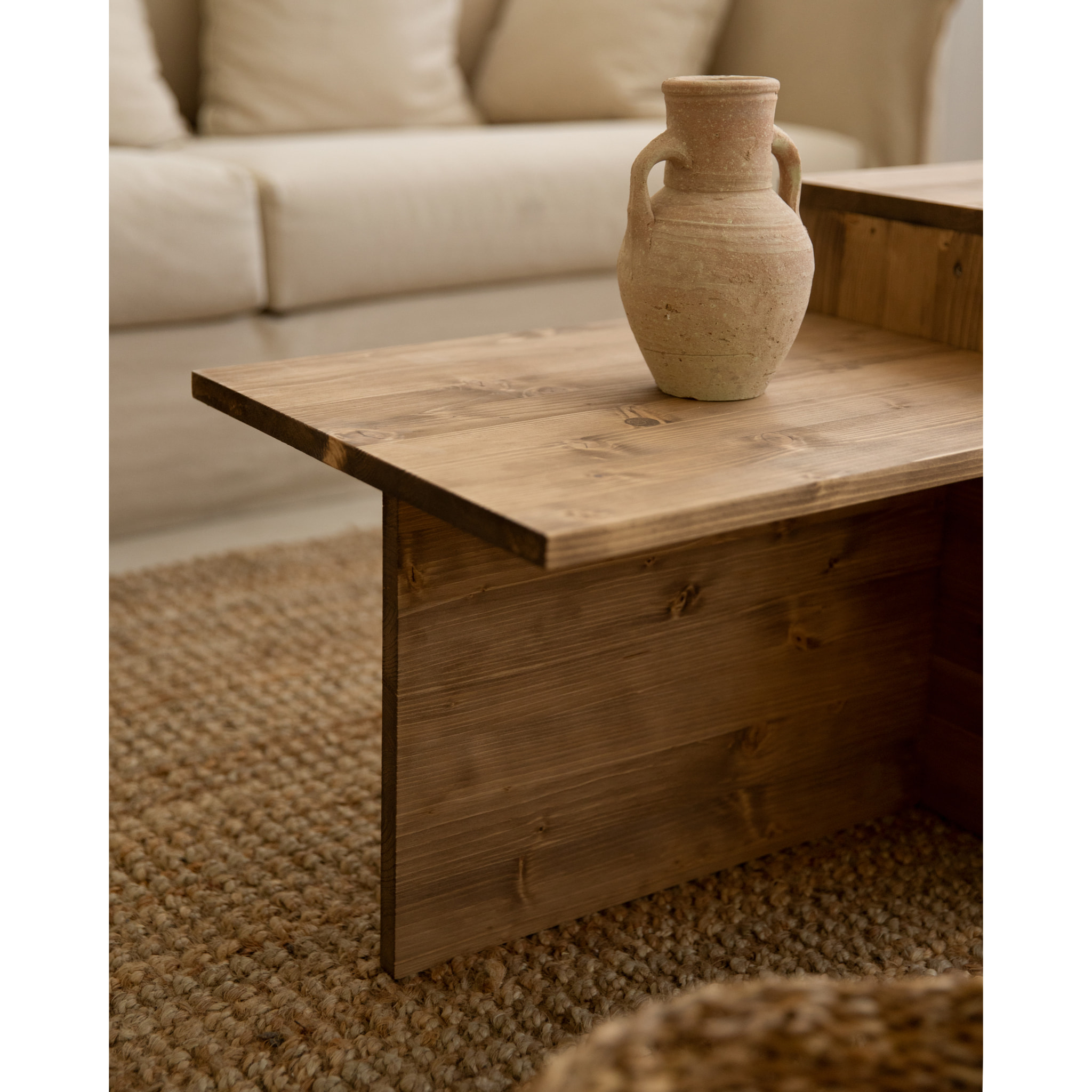 Table basse 2 pièces en bois massif ton chêne foncé 100x45cm Hauteur: 44.6 Longueur: 100 Largeur: 39