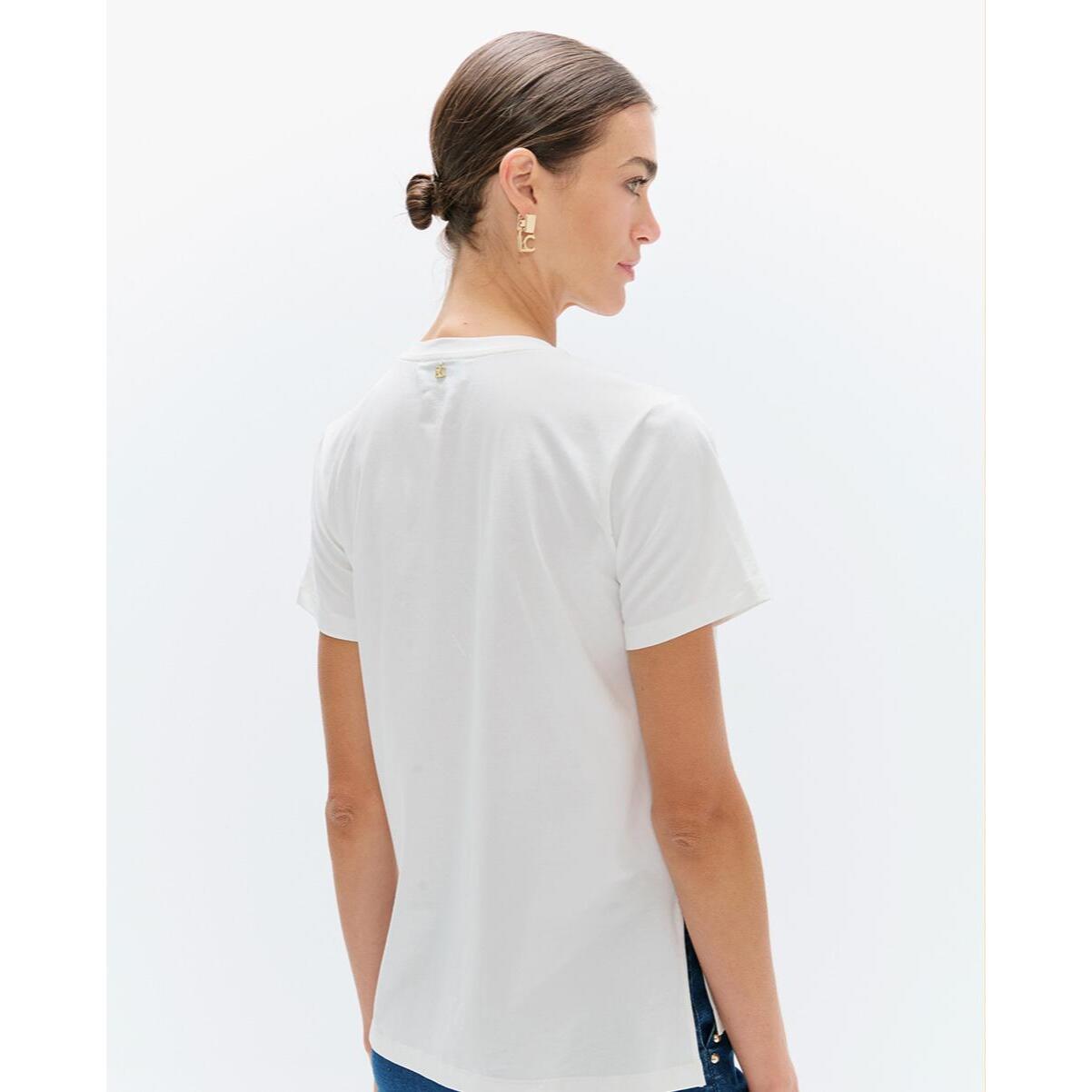 T-shirt girocollo con spacchi laterali, grafica "made in lola" con toppe