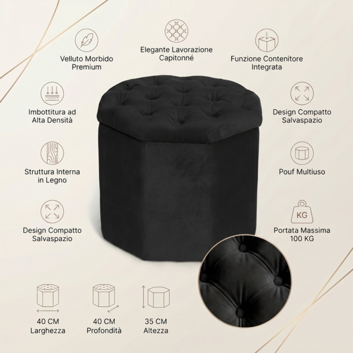 Pouf contenitore ottagonale in velluto - NERO