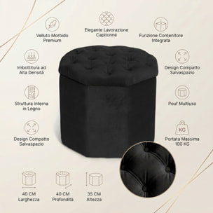 Pouf contenitore ottagonale in velluto - NERO