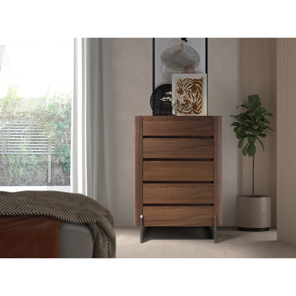 Chifonier de madera chapada en nogal natural y patas de acero inoxidable oscuro metalizado 80x40x112cm