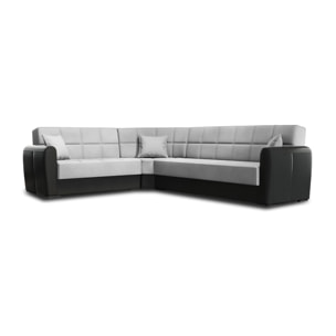 Divano letto Matias, Divano letto contenitore ad angolo in ecopelle e tessuto, Sofà da soggiorno con apertura click-clack e penisola reversibile, 305x238h91 cm, Nero e Grigio Chiaro