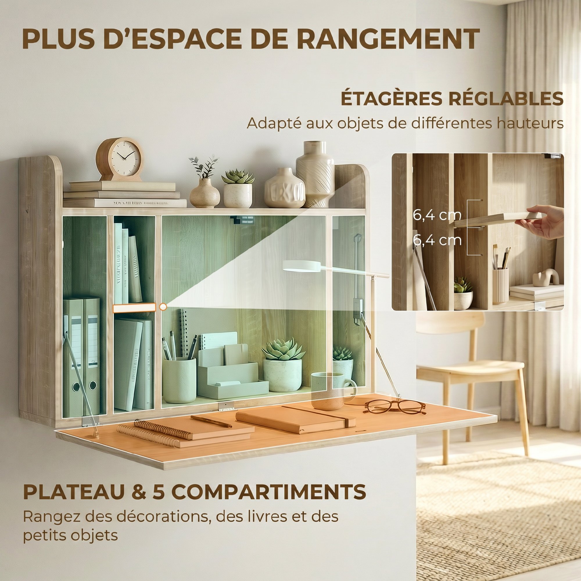Bureau mural pliable - table murale rabattable - 5 niches, étagère - effet bois clair