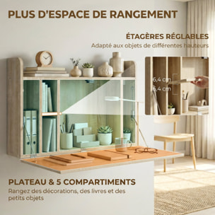 Bureau mural pliable - table murale rabattable - 5 niches, étagère - effet bois clair