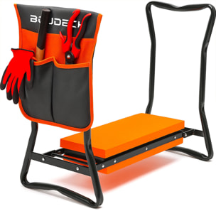 Ergogard - Sgabello Inginocchiatoio Multifunzione 2 in 1 per Giardinaggio con Borsa Portautensili Nero e Arancio