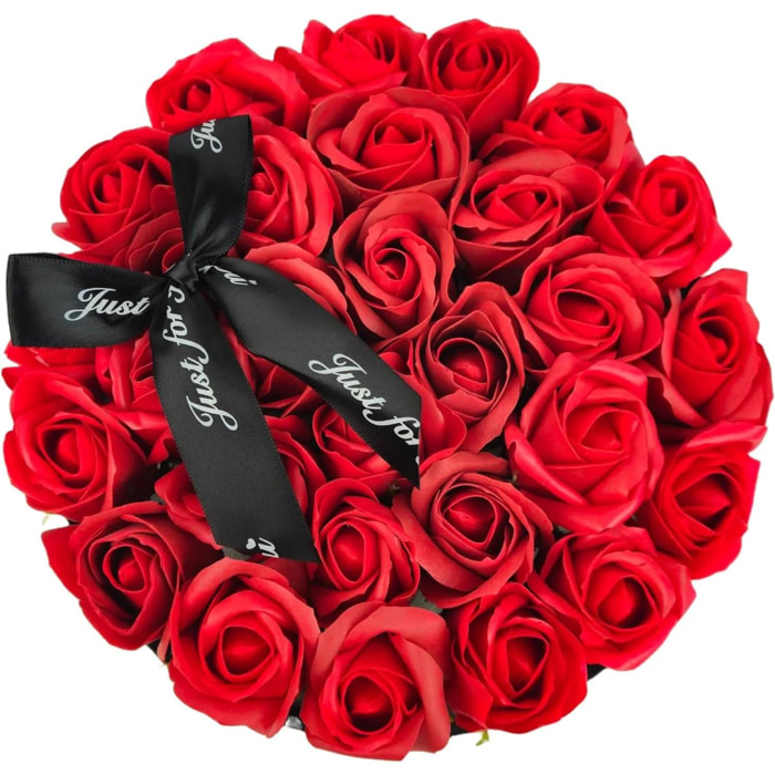 Box tondo Rose rosse artificiali bouquet di 29 rose perenni, confezione mazzo di rose per San Valentino, cm 23x23x14 scatola in cartone rosso