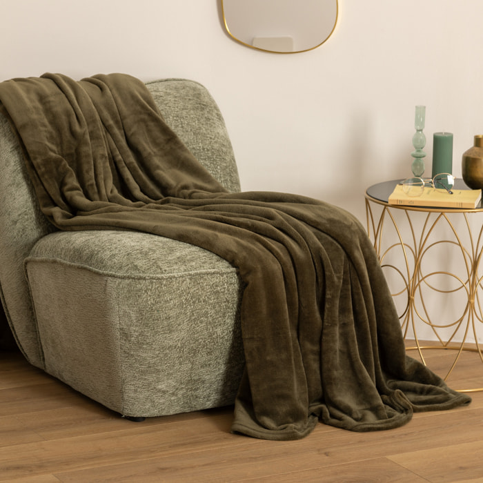 Plaid flanelle vert kaki 180x230cm