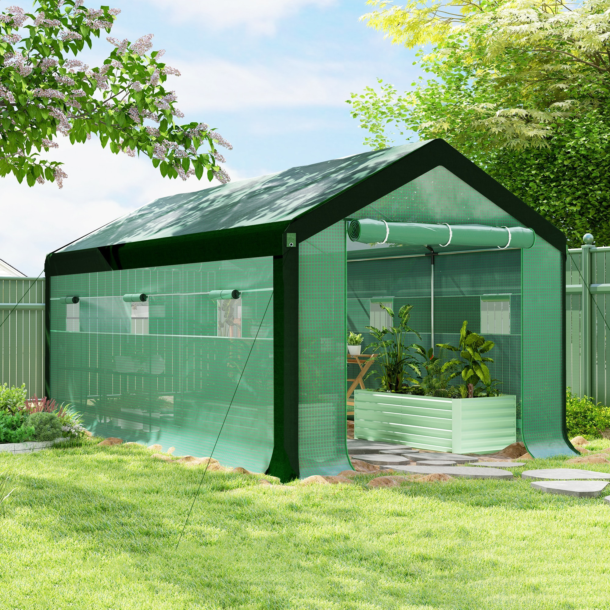 Invernadero de Exterior 6x3x2,8 m Invernadero de Túnel con 6 Ventanas Cubierta de PE Anti-UV y 2 Puertas Enrollables con Cremallera Invernadero para Jardín Patio Verde