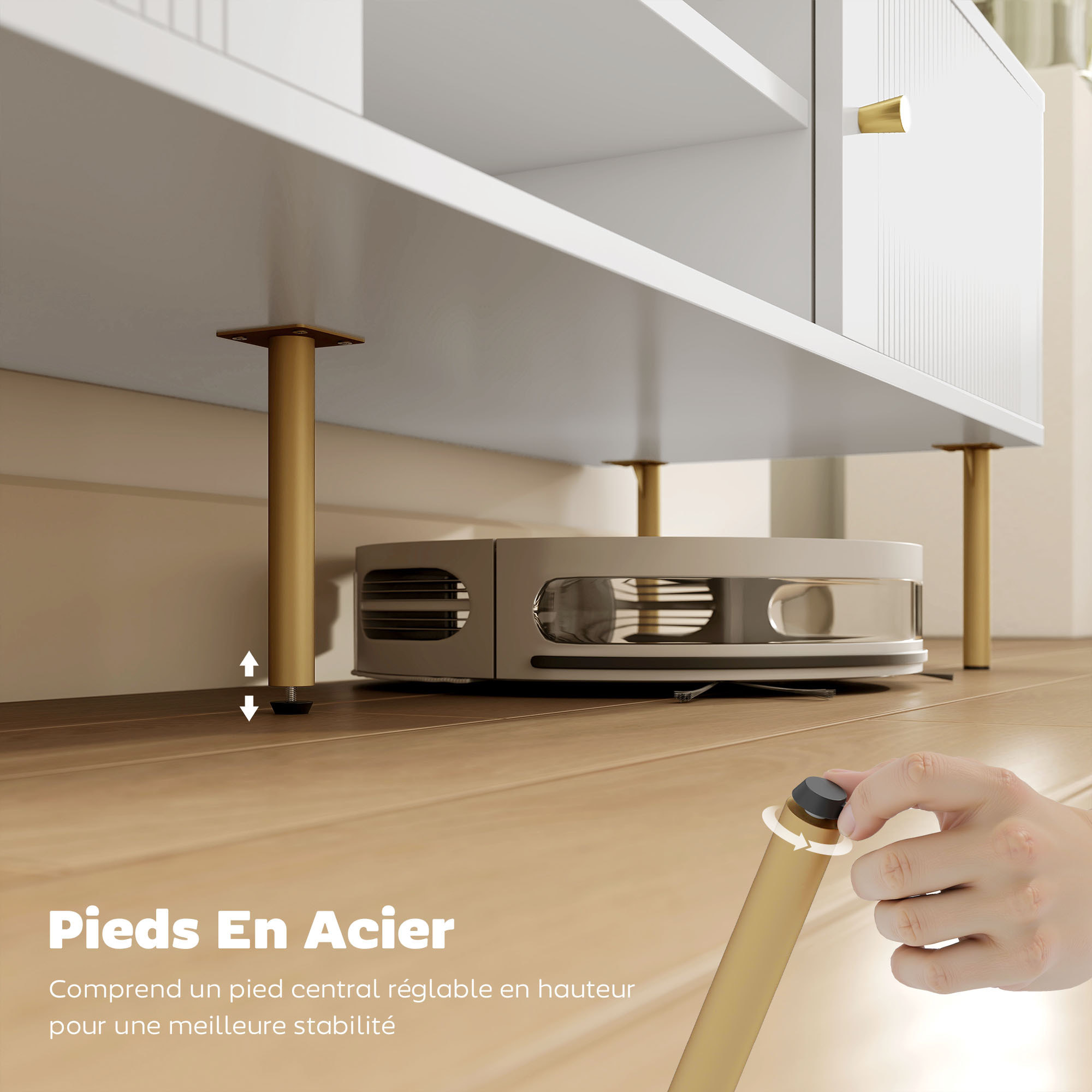 Meuble TV design - 2 portes, 2 niches - piètement poignées métal doré façade rainurée blanc