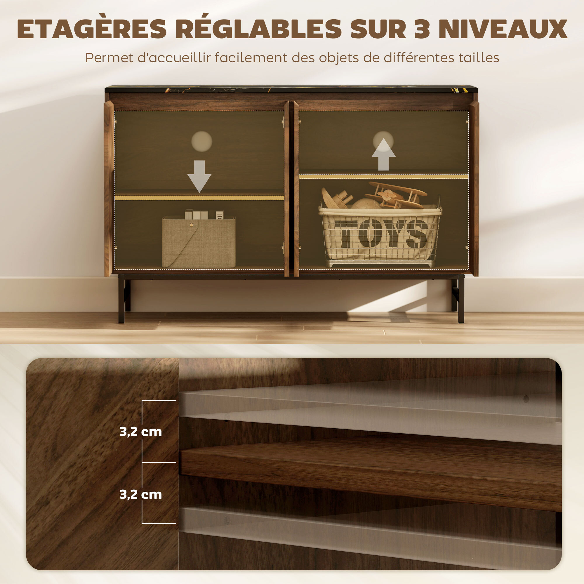 Meuble TV 120 cm, pour téléviseur jusqu'à 55 pouces avec 4 portes, plateau effet marbre, étagères réglables et pieds en acier