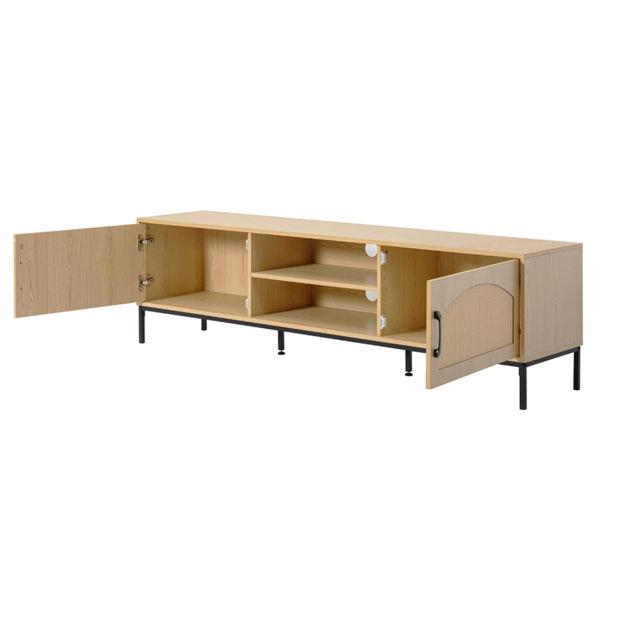 Nagato - meuble tv - cannage et effet bois - 2 portes et 2 niches -180 cm - Bois / Noir