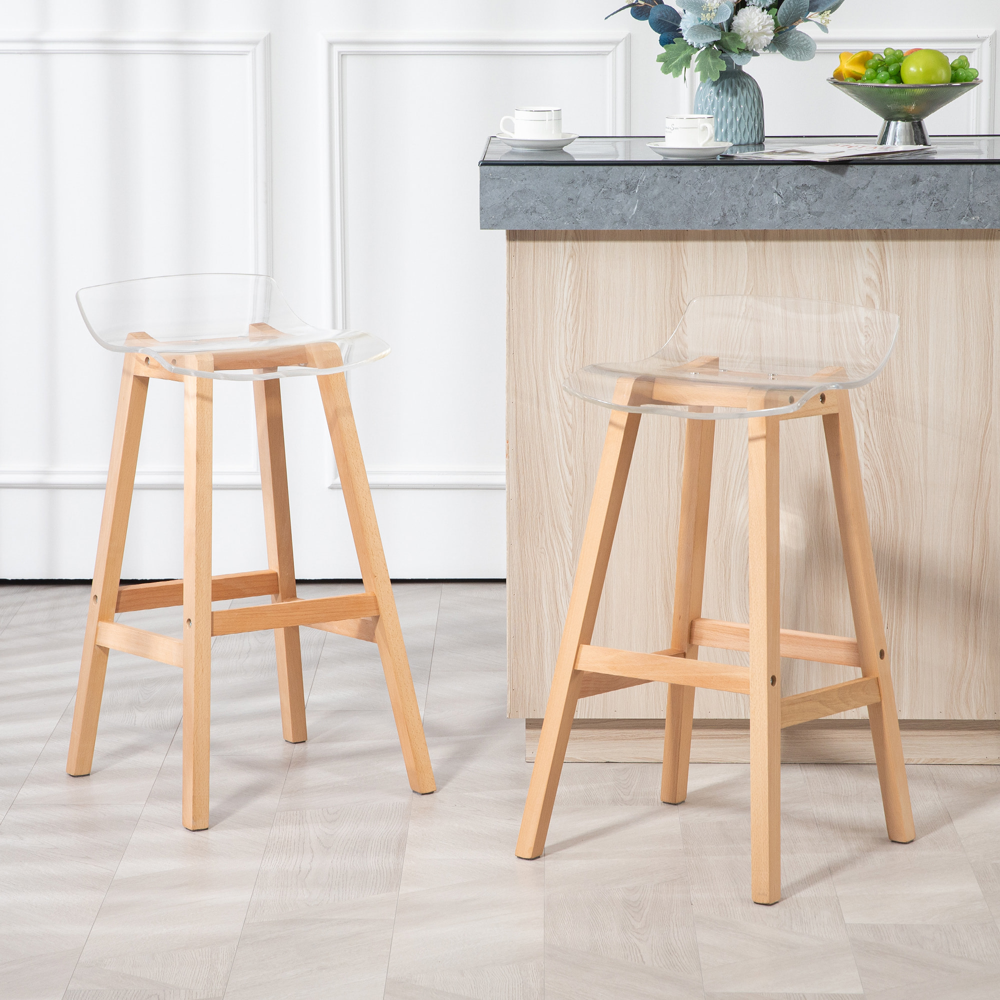 Lot de 2 tabourets de bar design contemporain bois de hêtre assise acrylique transparent