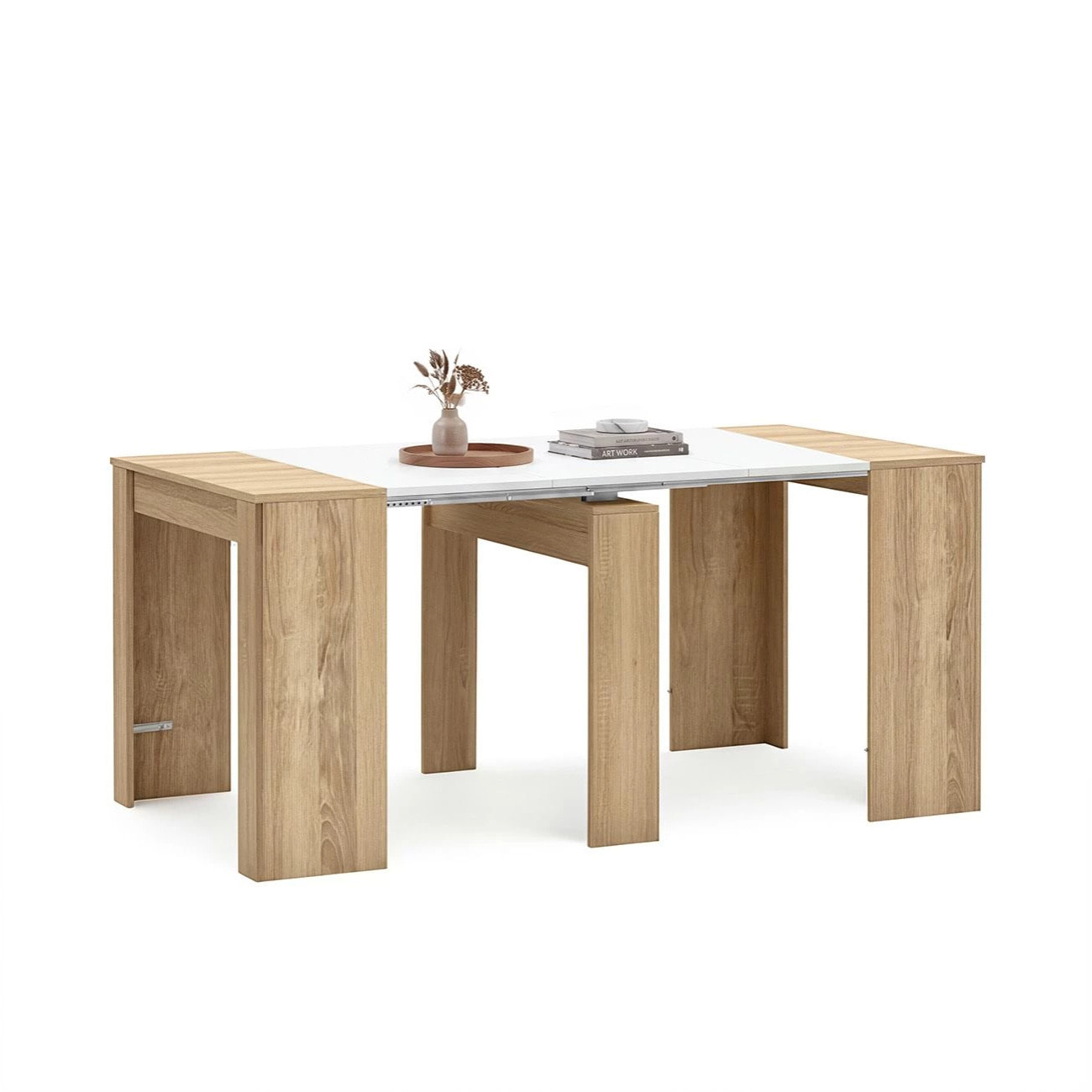 Mesa consola extensible en roble canadian y blanco artik 50-235x90 cm Denis Roble Canadian - Blanco Artik (Blanco Mate)