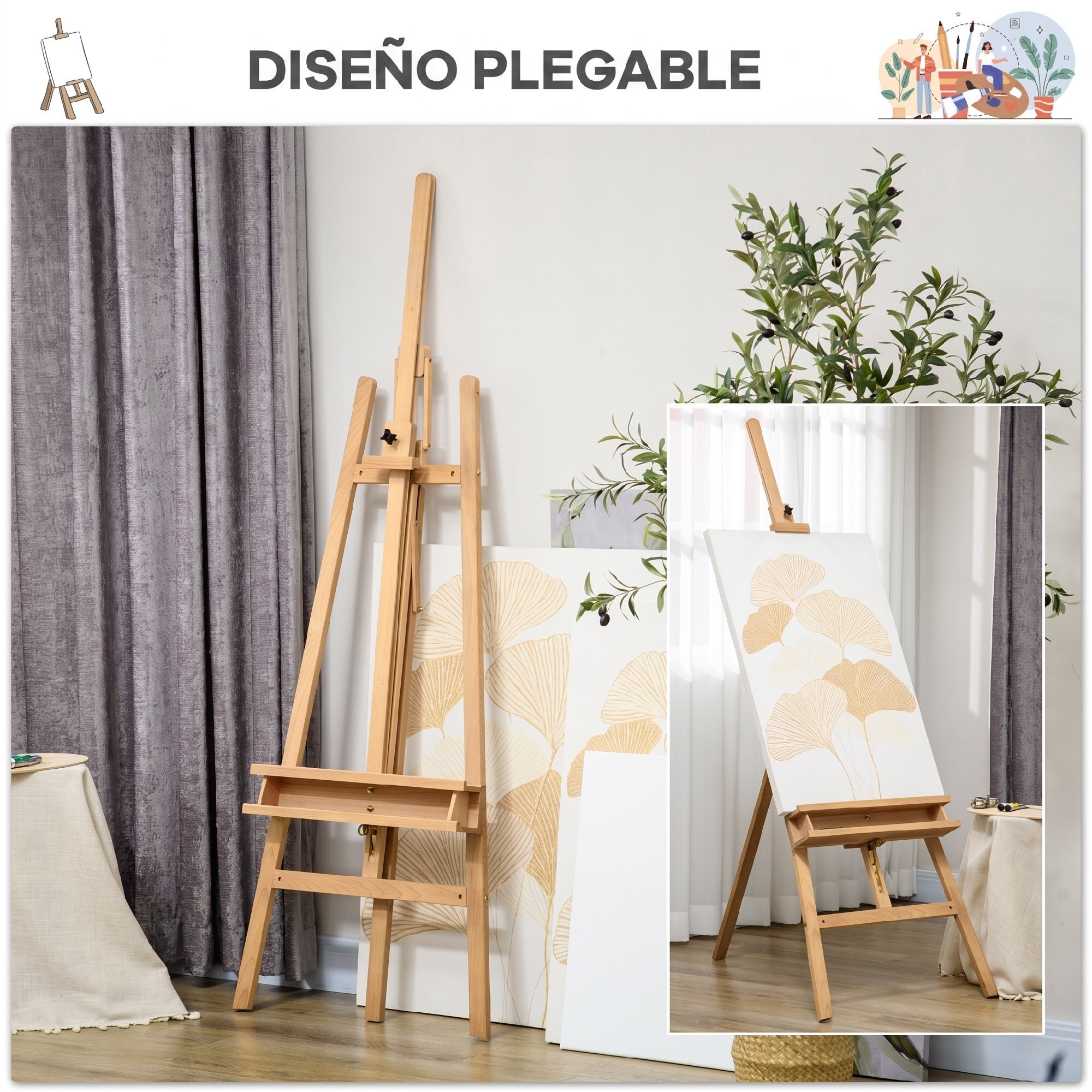 Caballete de Pintura Plegable, 235 cm, Caballete de Madera con Altura y Ángulo Ajustables, Estante Inferior, para Adultos, Artistas, Pintor, Estudiantes, Natural