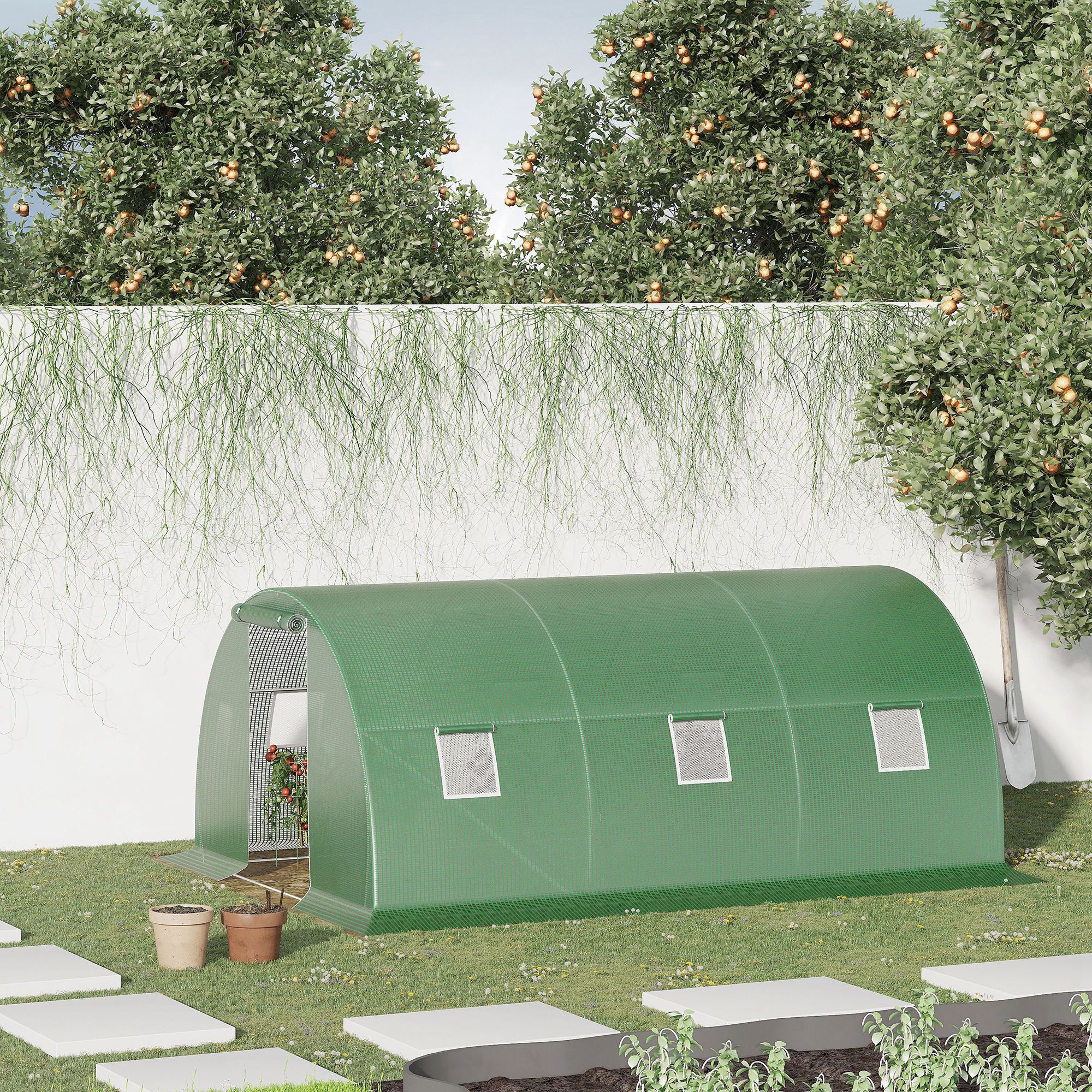Invernadero de Exterior 4,5x3x2 m Invernadero de Túnel con Paredes Laterales Enrollables 6 Ventanas de Malla y Puerta Enrollable con Cremallera Invernadero para Jardín Patio Verde