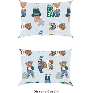 Coppia Federe per cuscini letto TEDDY AZZURRO 100% Cotone e Made in Italy orsetto peluche