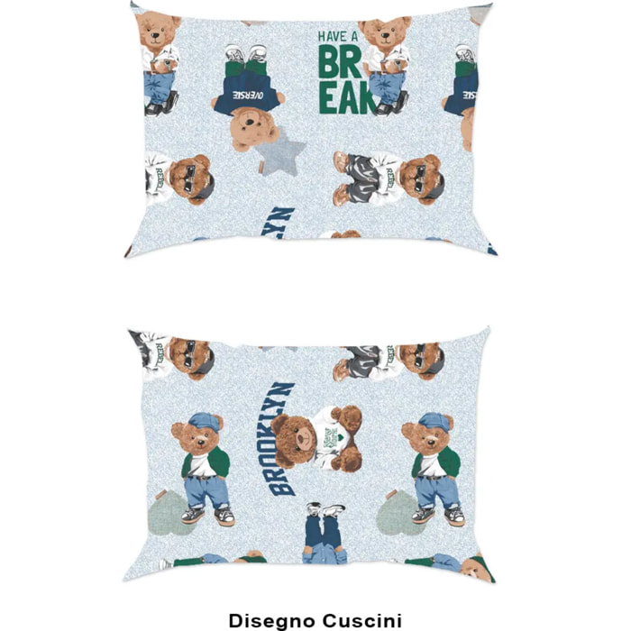 Coppia Federe per cuscini letto TEDDY AZZURRO 100% Cotone e Made in Italy orsetto peluche