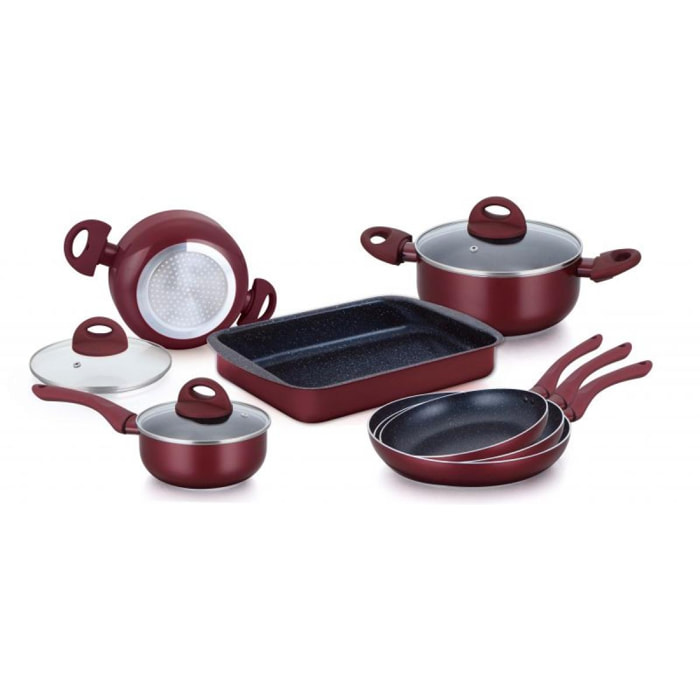 Batterie de cuisine 10 pièces bordeaux Herzberg HG9016-BR