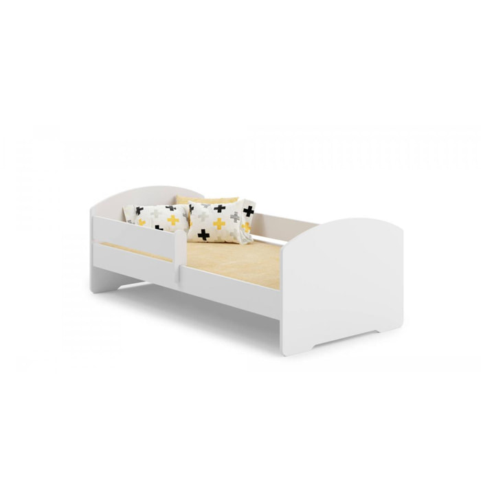 Letto singolo per bambini, Lettino per cameretta, Letto con protezione anticaduta, con testiera tonda, cm 144x78h58, colore Bianco