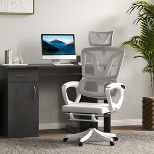 Fauteuil de bureau ergonomique inclinable réglable - repose-pied rétractable, support lombaires, tétière ajustable - blanc gris