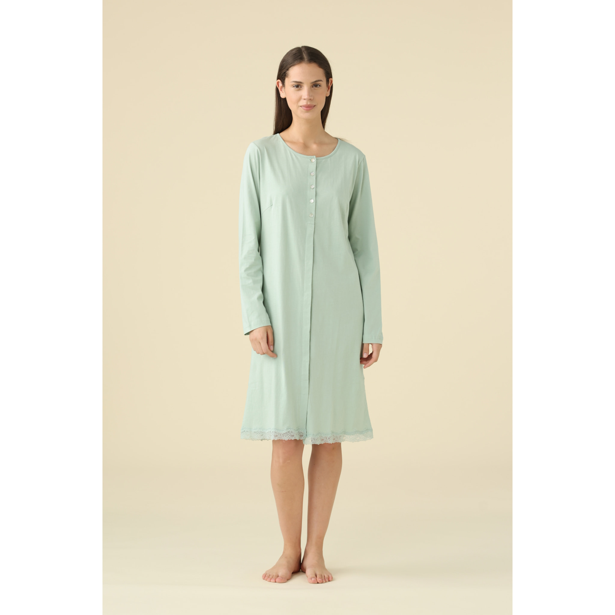 Camicia da notte in cotone a maniche lunghe con bottoni e bordo in pizzo articolo assential Noidinotte