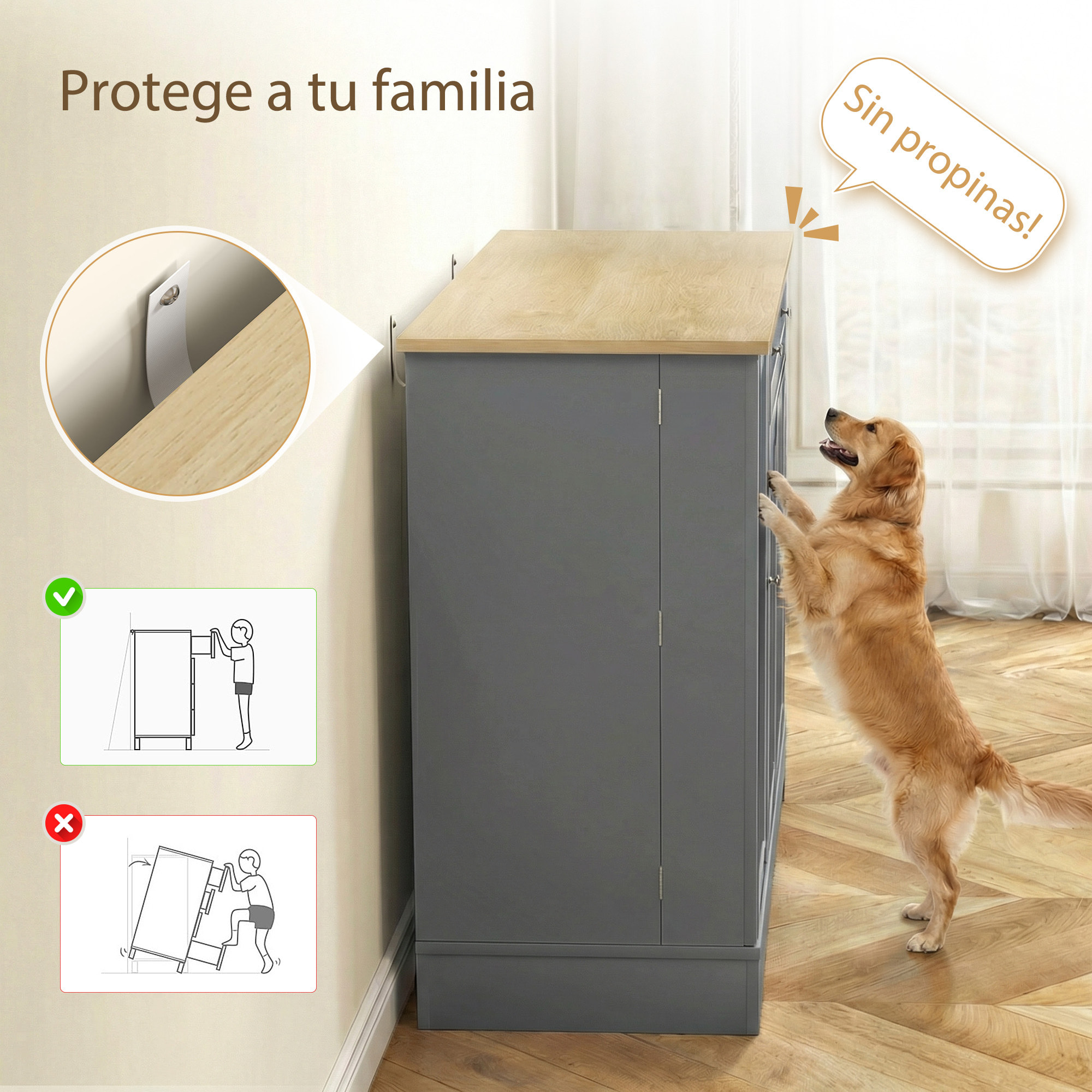 Aparador de Cocina, Armario de Cocina con 3 Estantes de Puerta, 1 Cajón, Estantes Ajustables, Aparador para Comedor, 105x40x83 cm, Gris