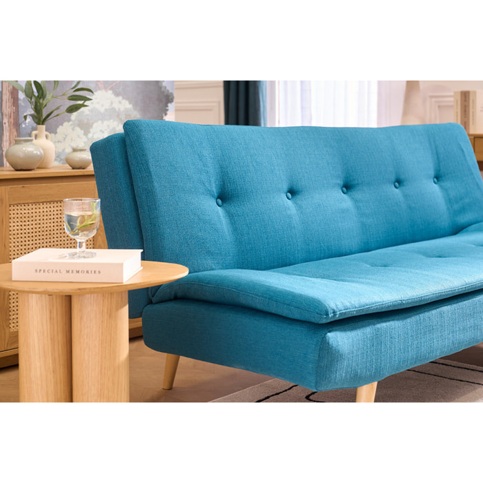 Canapé convertible scandinave 3 places en tissu bleu canard et bois clair SENSO