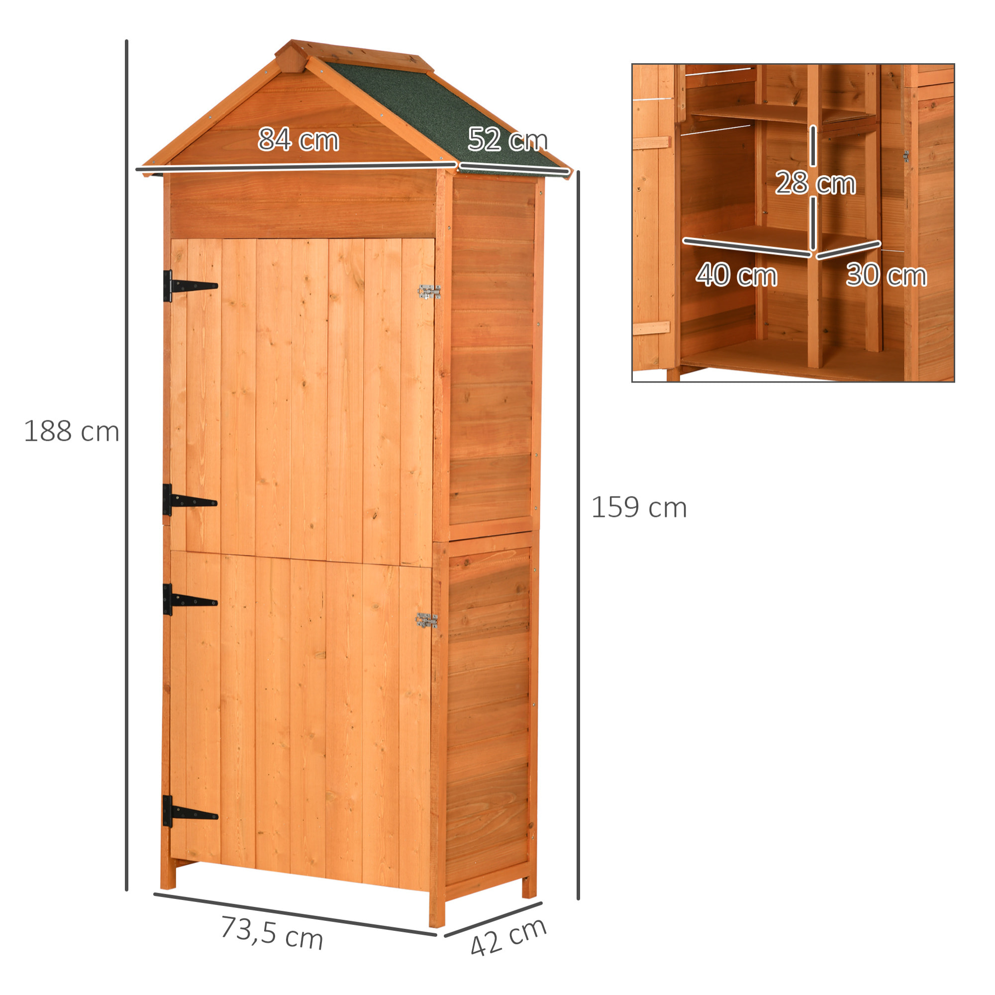 Armoire abri de jardin remise pour outils 3 étagères 2 portes loquets toit pente bitumé 84L x 52l x 188H cm pin pré-huilé